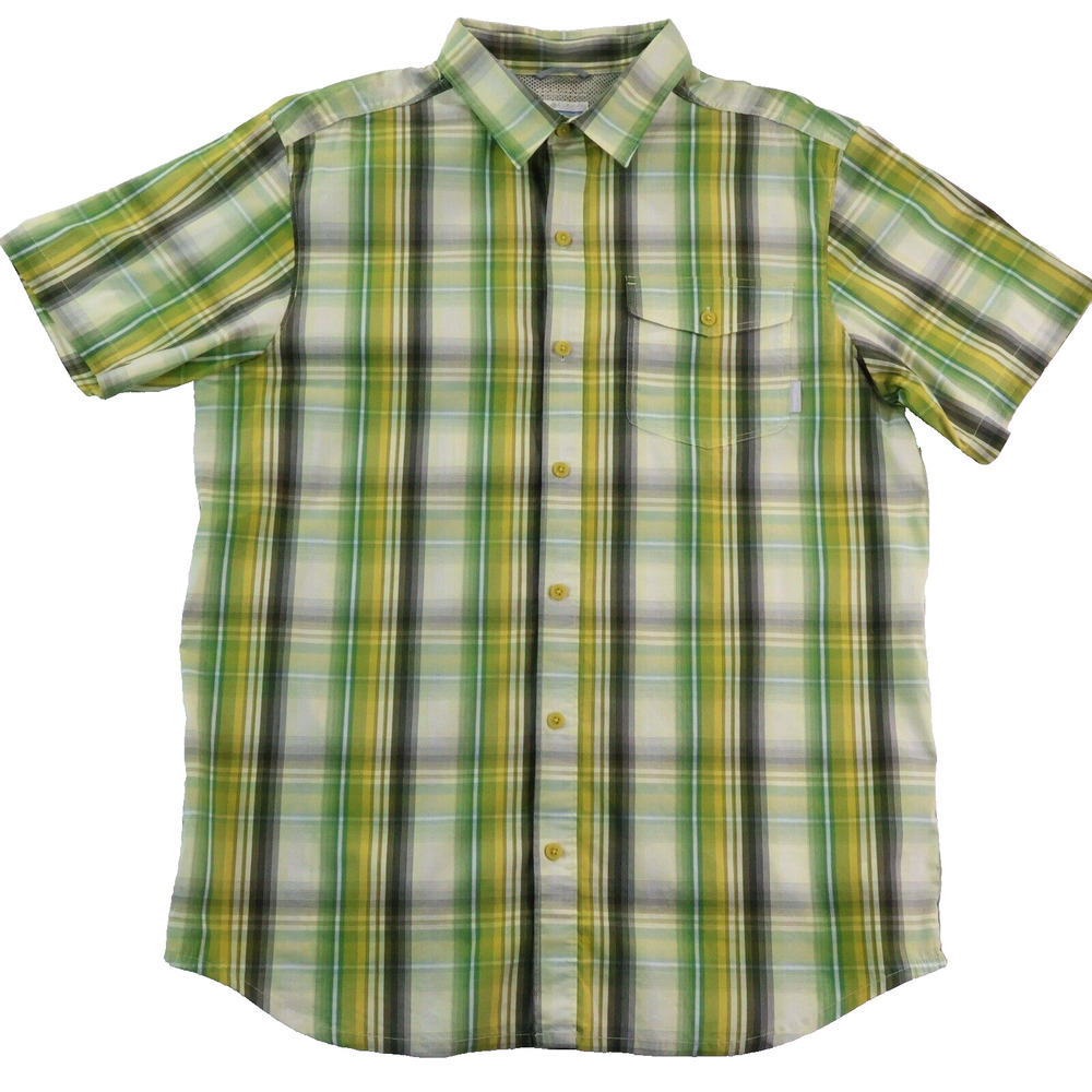 Columbia Mens Shirt L Green Plaid Short Sleeve Button Up Omni-Wick Vented